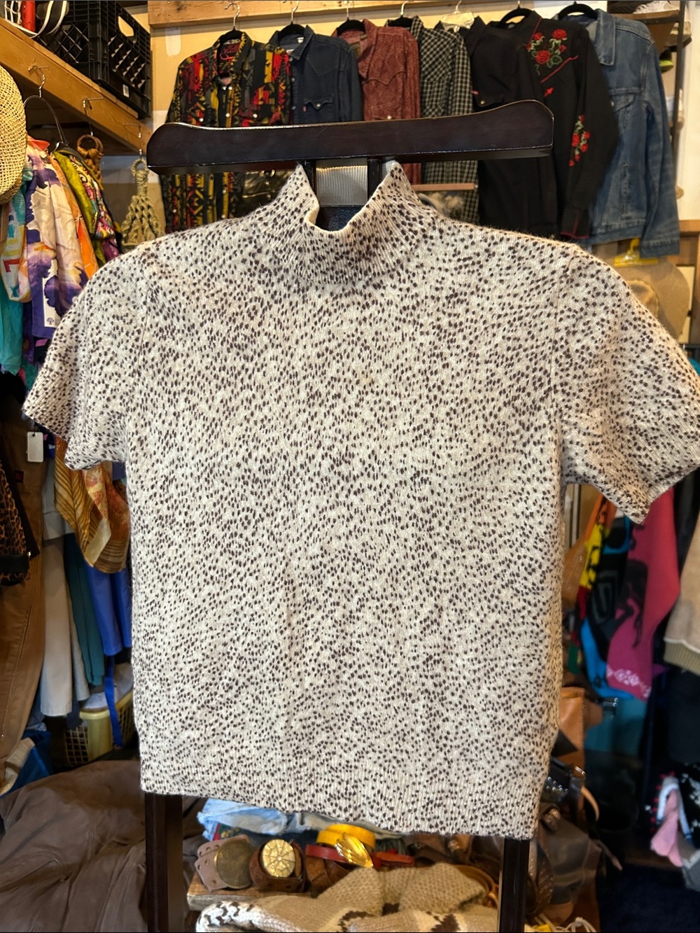 DC Cream Speckle Mock Neck Short Sleeve Sweater- lambswool and Angora
